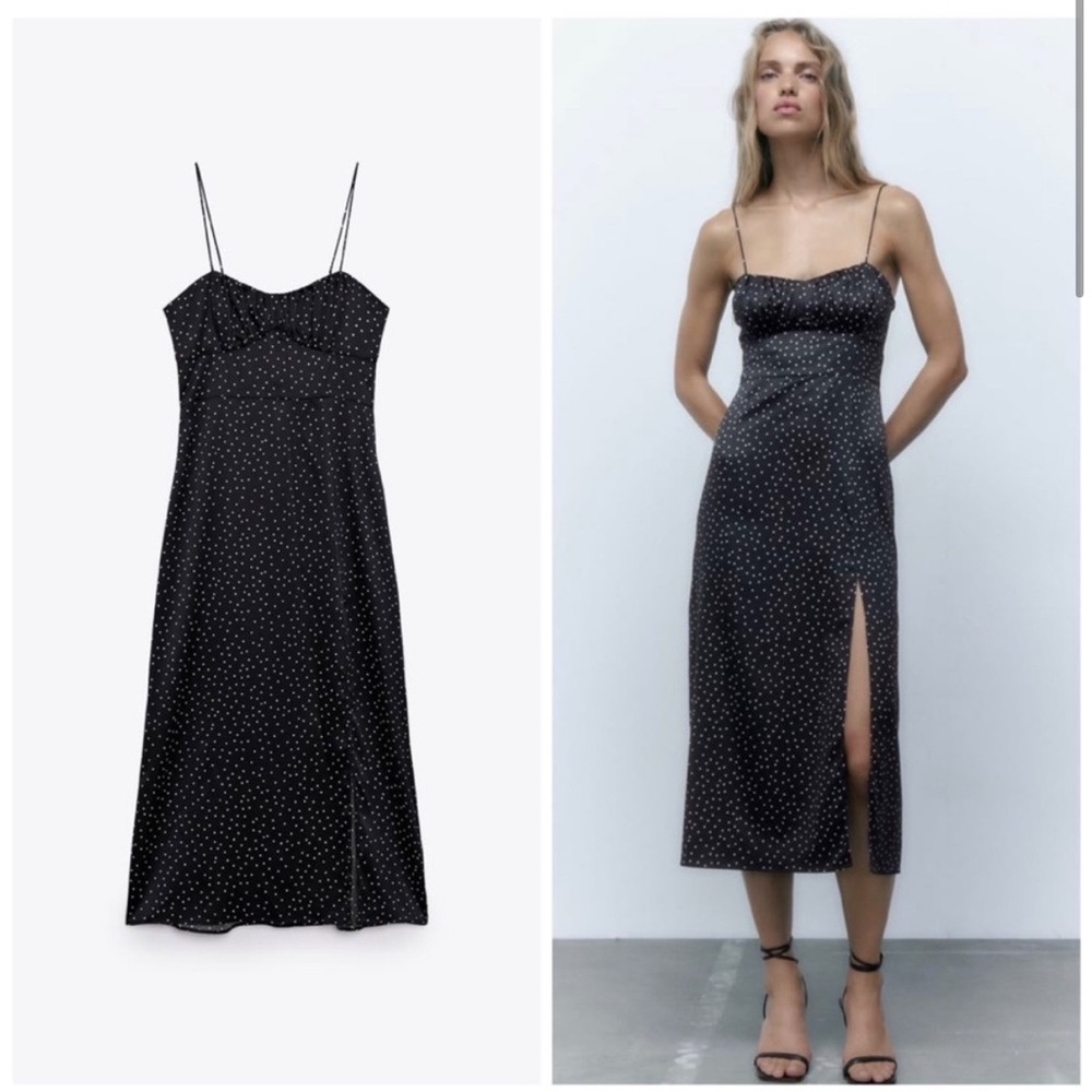 Zara Black Polka Dot Slip Dress with Slit